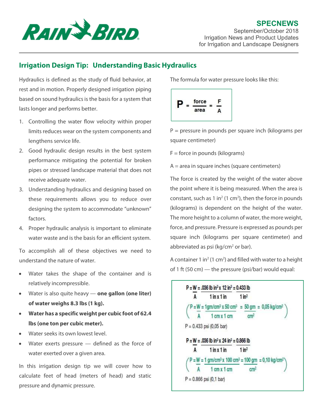 SPECNEWS Irrigation Design Tip: Hydraulics September/October 2018