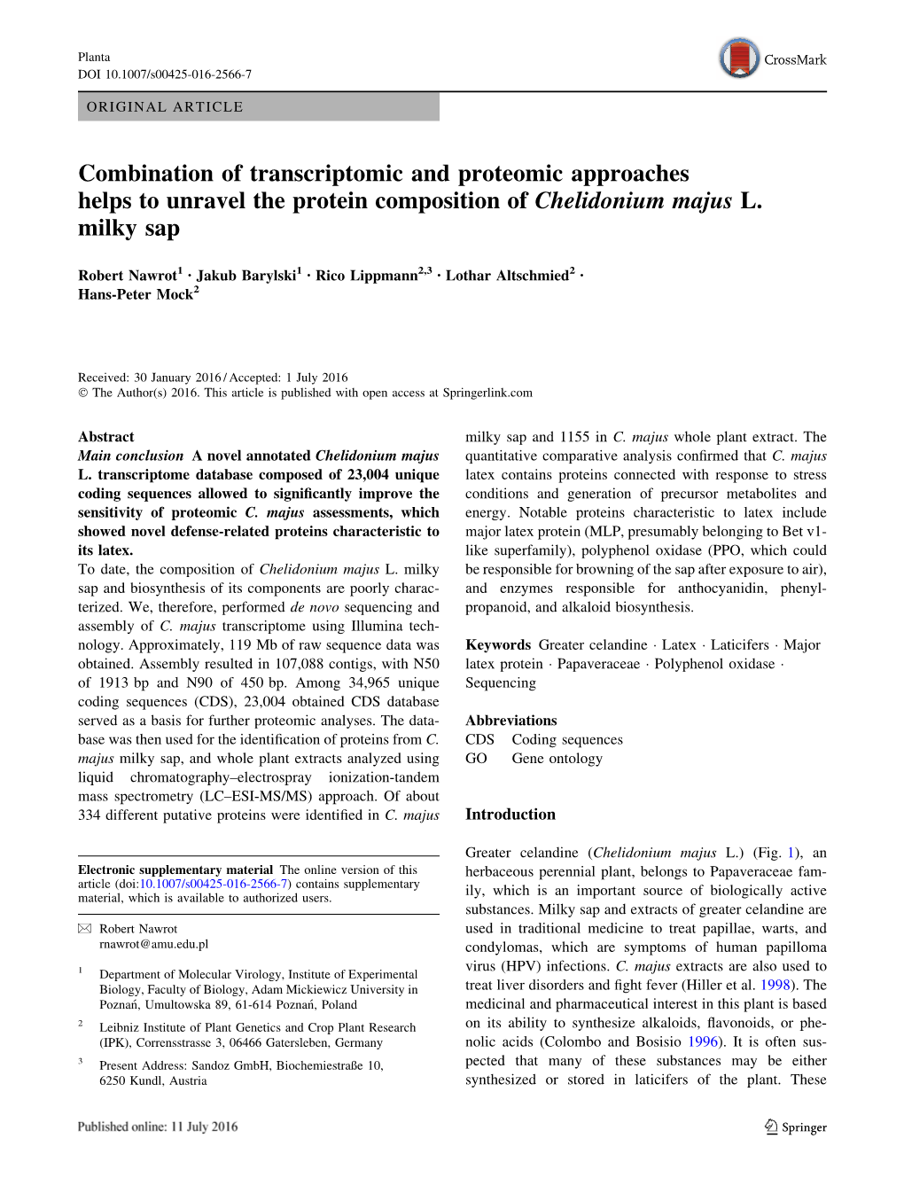 Combination of Transcriptomic and Proteomic Approaches Helps to Unravel the Protein Composition of Chelidonium Majus L