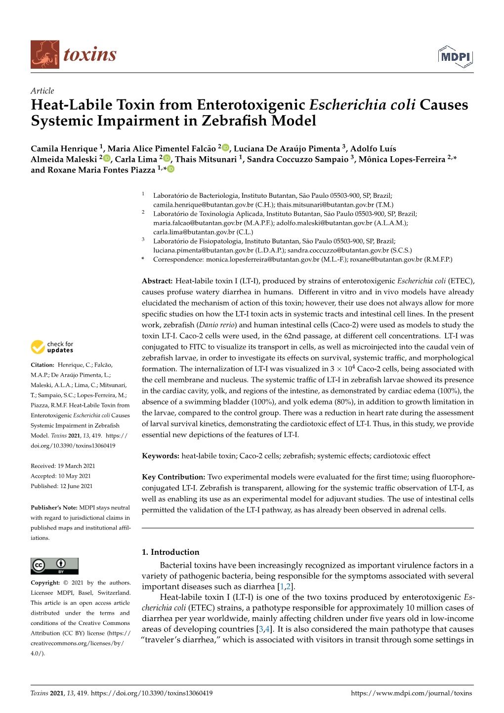 Heat-Labile Toxin from Enterotoxigenic Escherichia Coli Causes Systemic Impairment in Zebraﬁsh Model