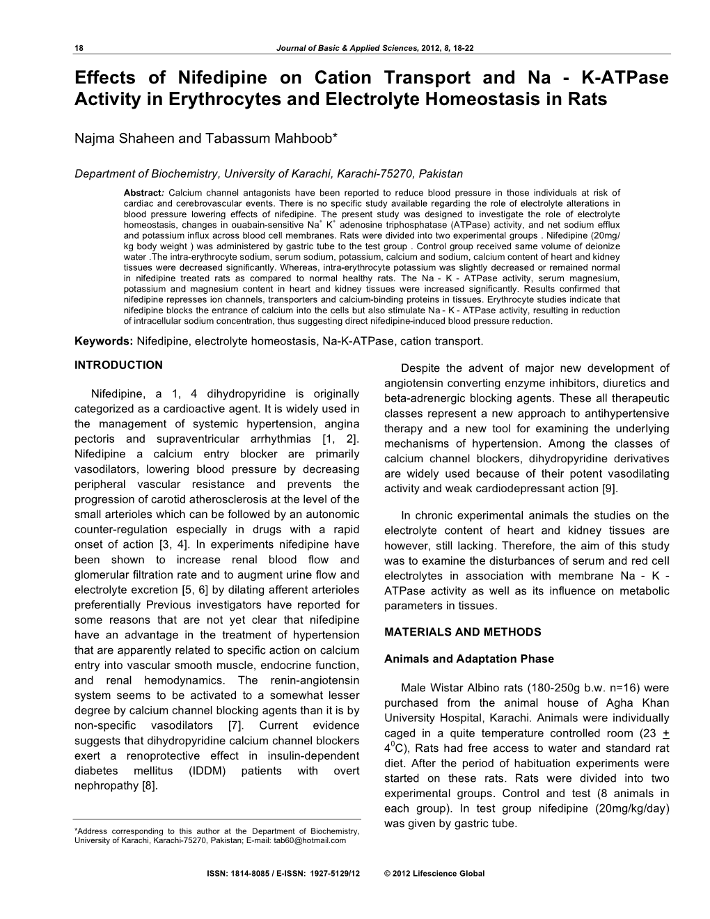 Effects of Nifedipine on Cation Transport and Na - K-Atpase Activity in Erythrocytes and Electrolyte Homeostasis in Rats