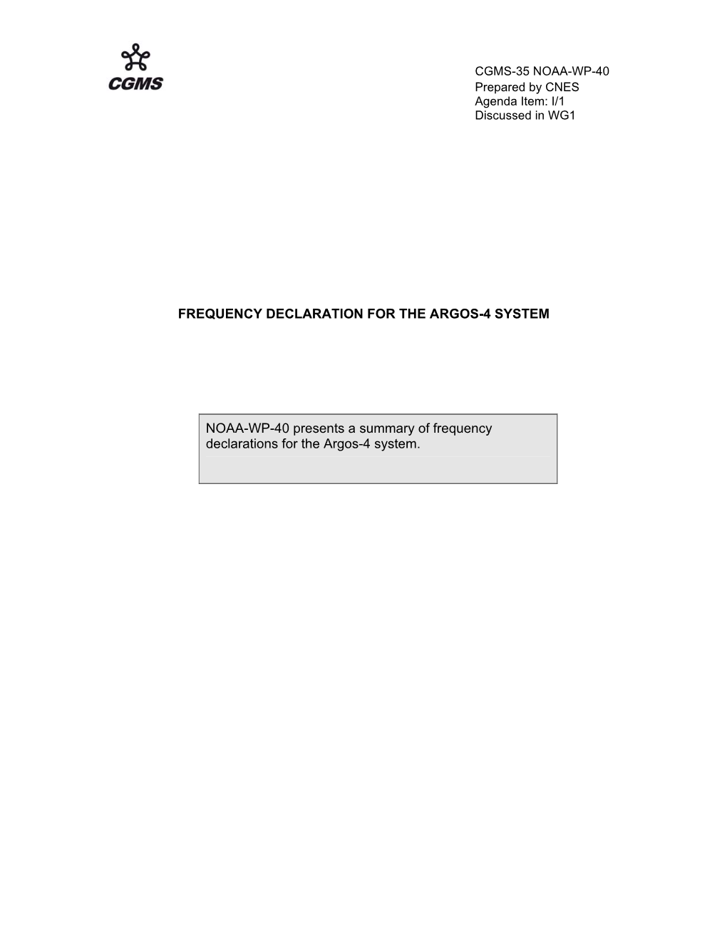 Frequency Declaration for the Argos-4 System Noaa-Wp