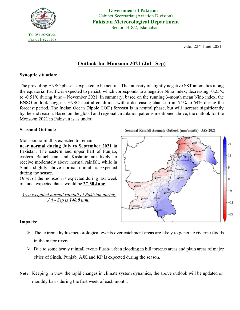 Pakistan Meteorological Department Outlook for Monsoon 2021 (Jul –Sep)