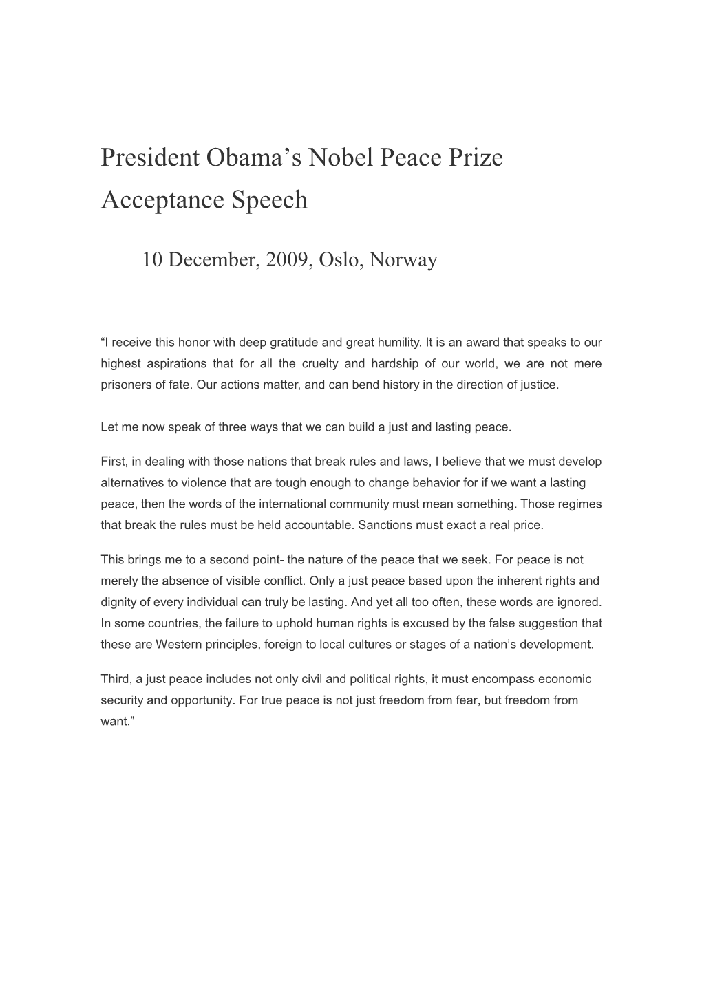 President Obama's Nobel Peace Prize Acceptance Speech