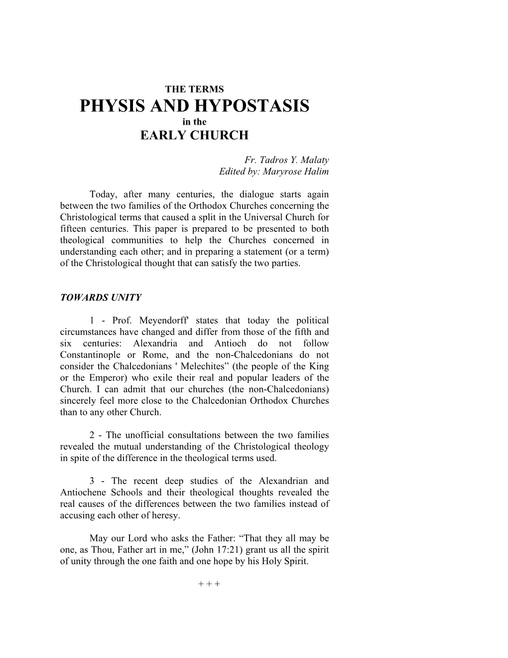 PHYSIS and HYPOSTASIS in the EARLY CHURCH