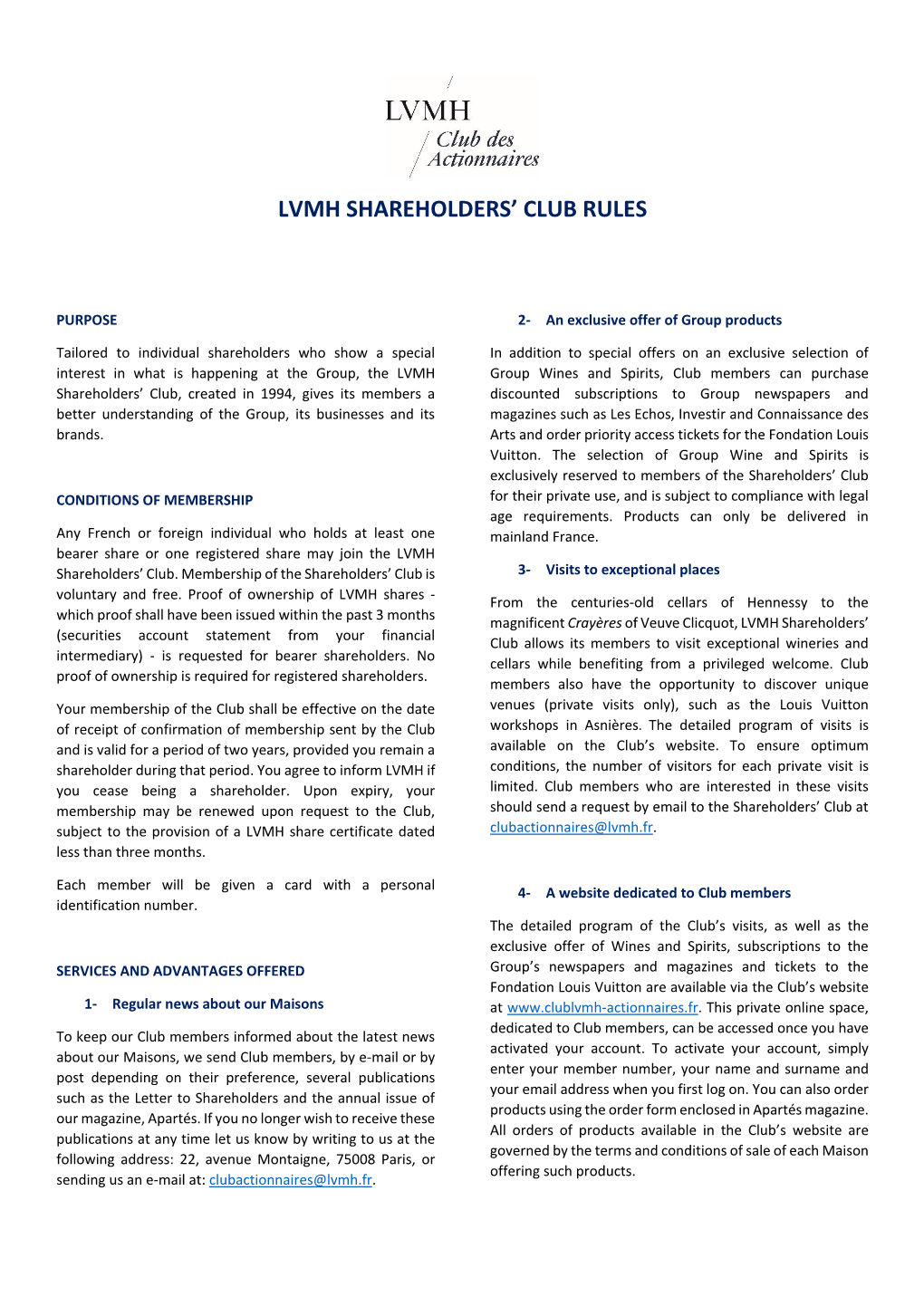 Lvmh Shareholders' Club Rules