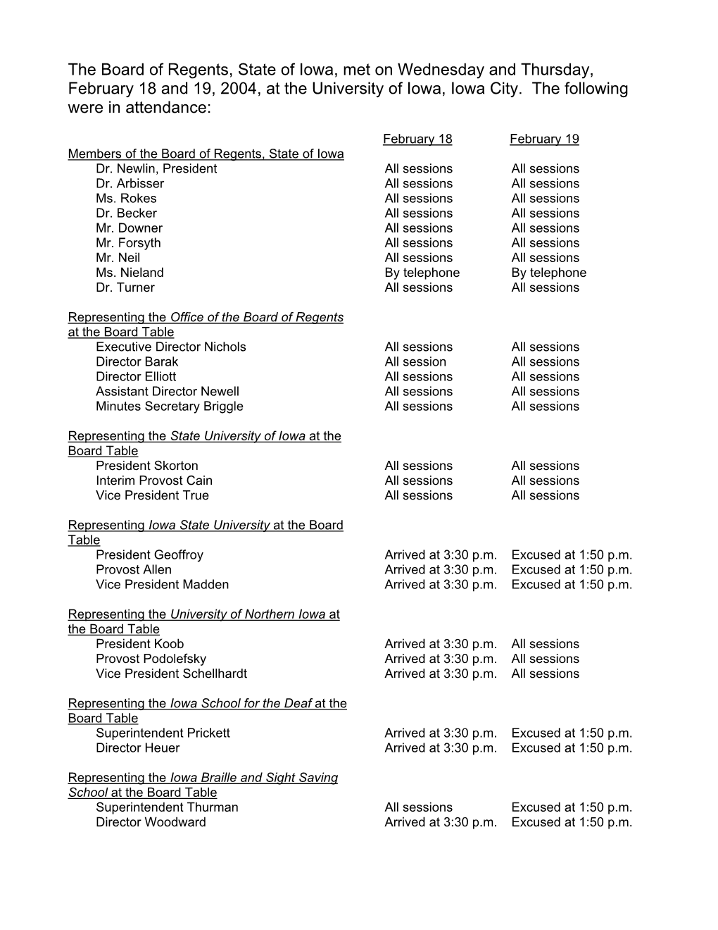 The Board of Regents, State of Iowa, Met on Wednesday and Thursday, February 18 and 19, 2004, at the University of Iowa, Iowa City