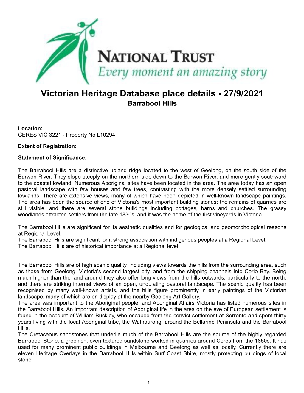 Victorian Heritage Database Place Details - 27/9/2021 Barrabool Hills