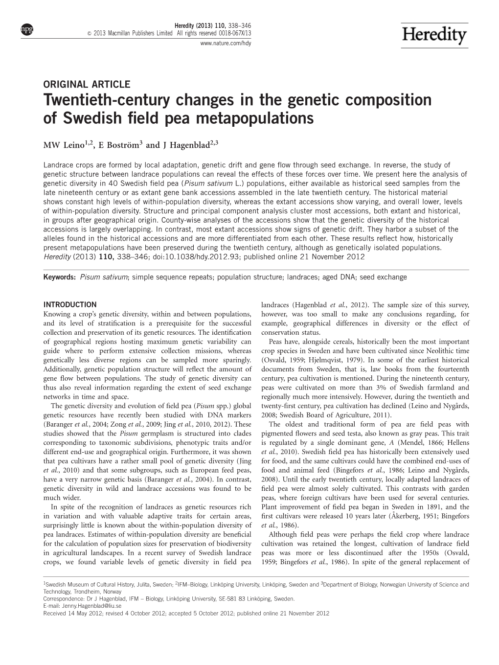 Twentieth-Century Changes in the Genetic Composition of Swedish ﬁeld Pea Metapopulations