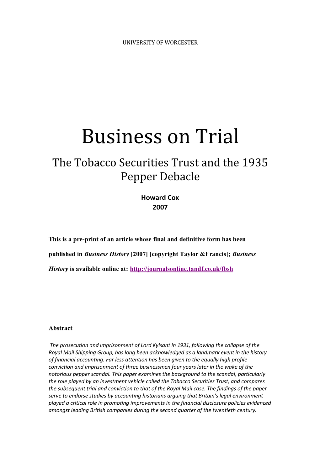 Business on Trial the Tobacco Securities Trust and the 1935 Pepper Debacle