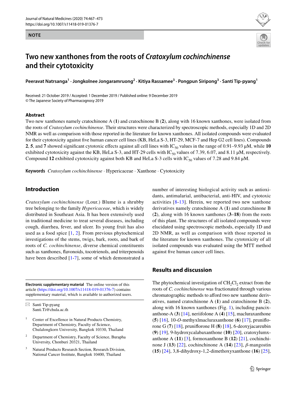 Two New Xanthones from the Roots of Cratoxylum Cochinchinense and Their Cytotoxicity