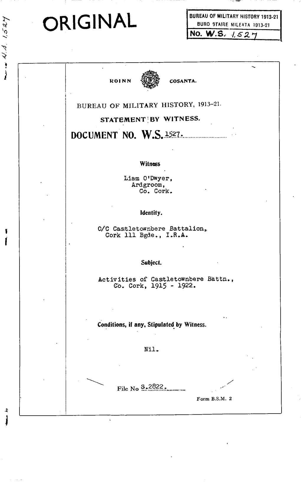 ROINN COSANTA. BUREAU of MILITARY HISTORY, 1913-21. STATEMENT by WITNESS. DOCUMENT NO. W.S. 1527. Witness Liam O'dwyer, Ardgroom