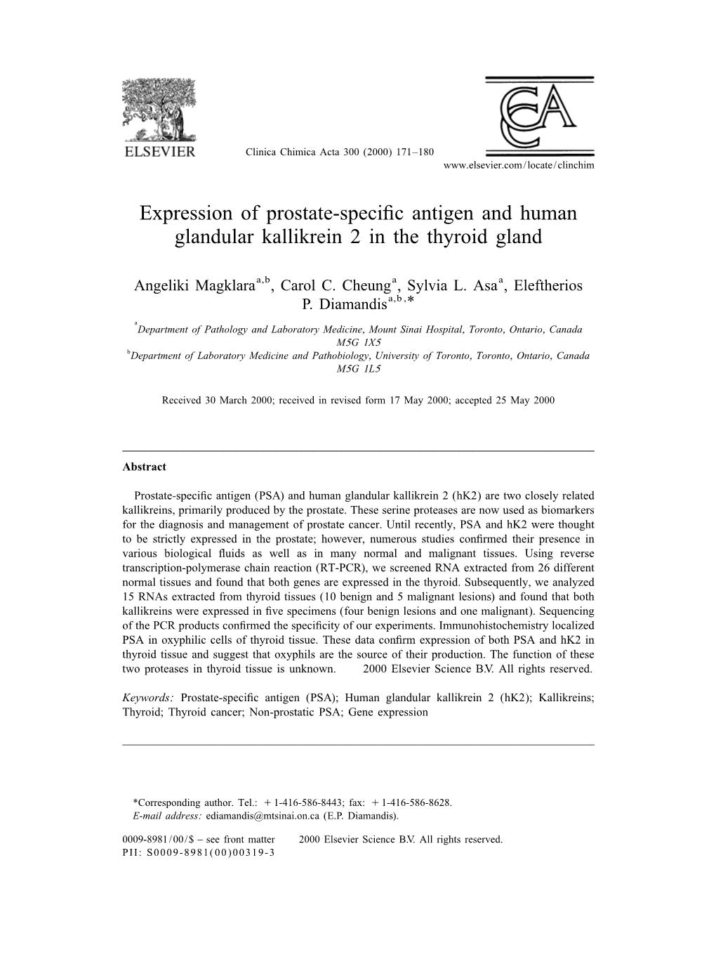 Expression of Prostate-Specific Antigen and Human Glandular