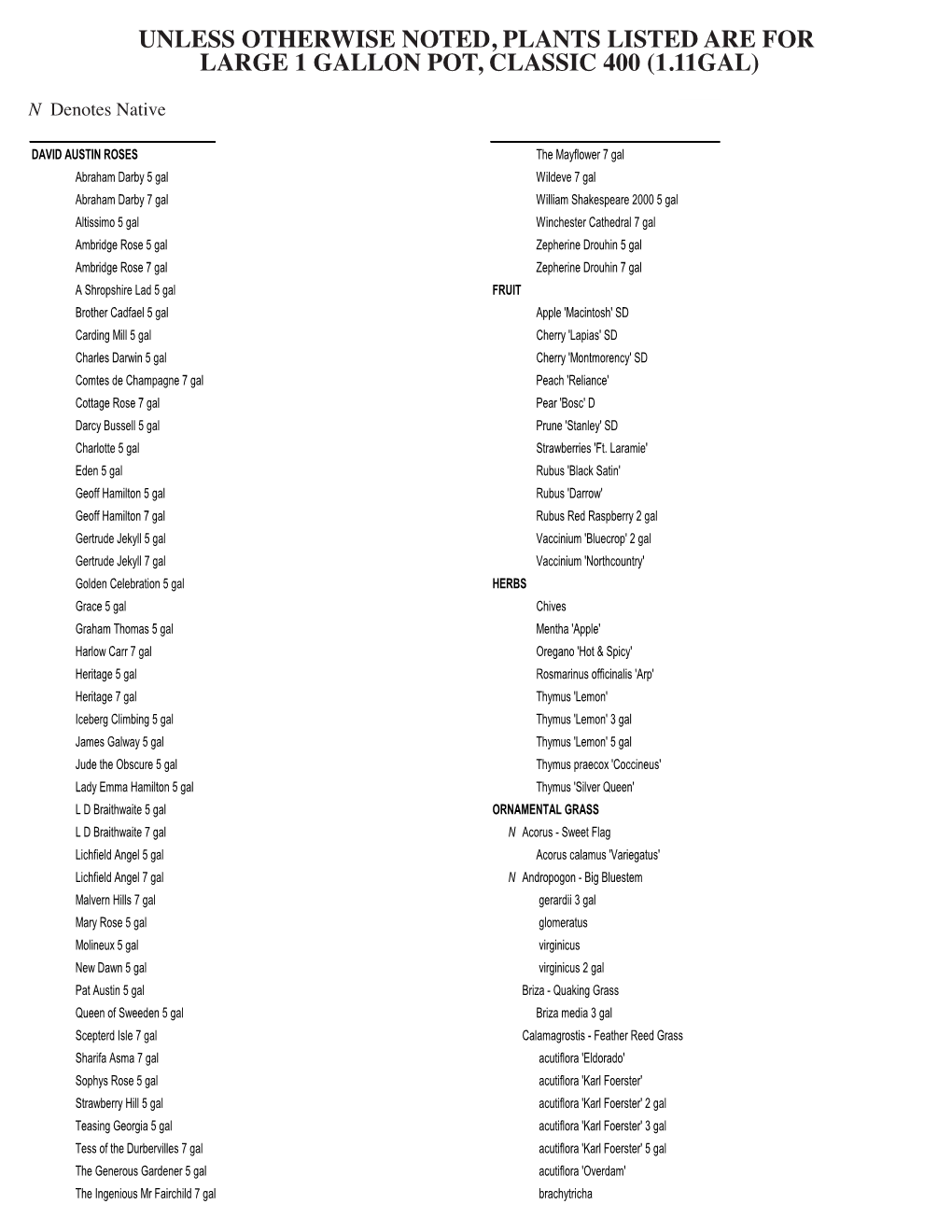 UNLESS OTHERWISE NOTED, PLANTS LISTED ARE for LARGE 1 GALLON POT, CLASSIC 400 (1.11GAL) Magic Gardens, Inc