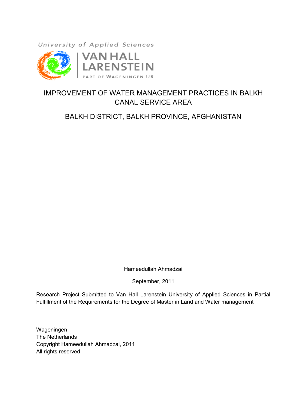 Improvement of Water Management Practices in Balkh Canal Service Area