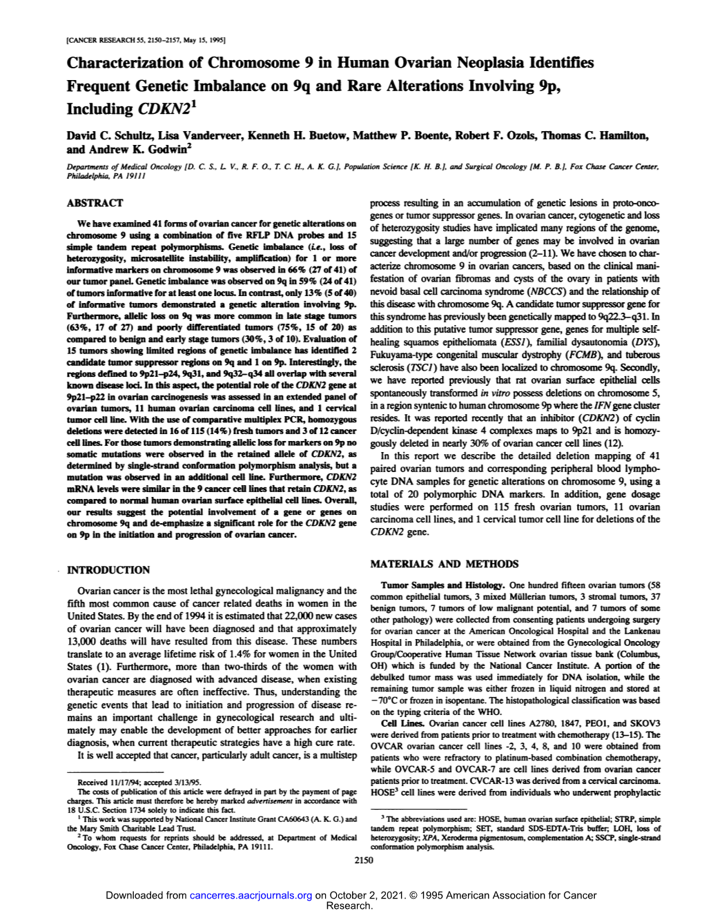 Characterization of Chromosome 9 in Human Ovarian Neoplasia Identities Frequent Genetic Imbalance on 9Q and Rare Alterations Involving 9P, Including CDKN21