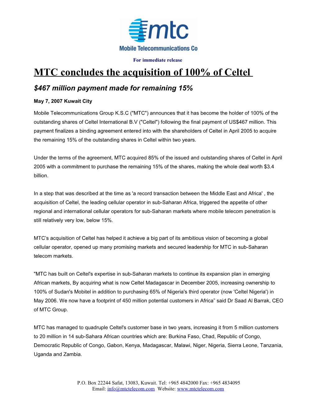 MTC Concludes the Acquisition of 100% of Celtel