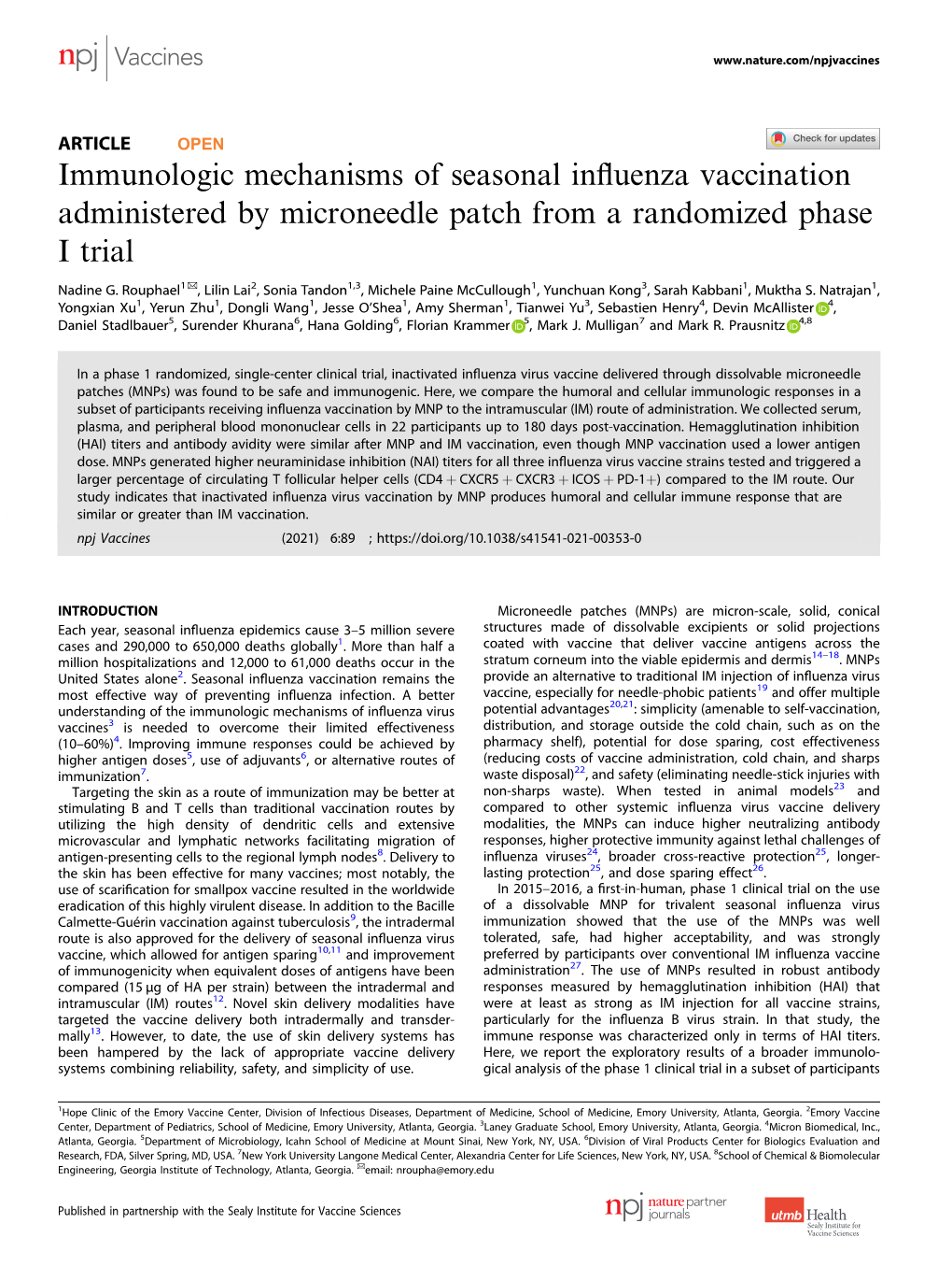 Immunologic Mechanisms of Seasonal Influenza Vaccination Administered