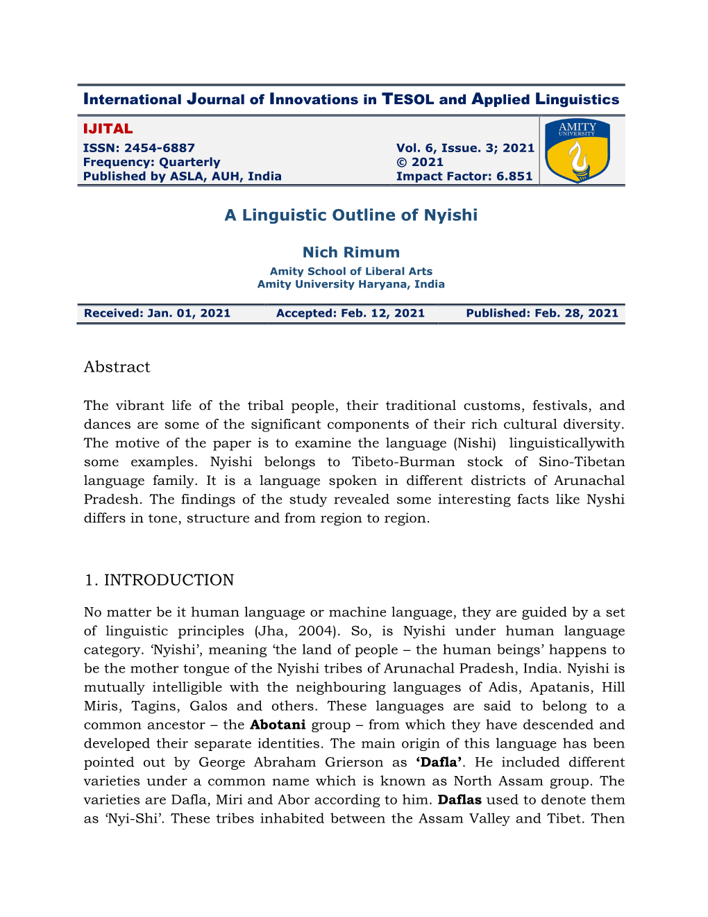 A Linguistic Analysis of Nyishi