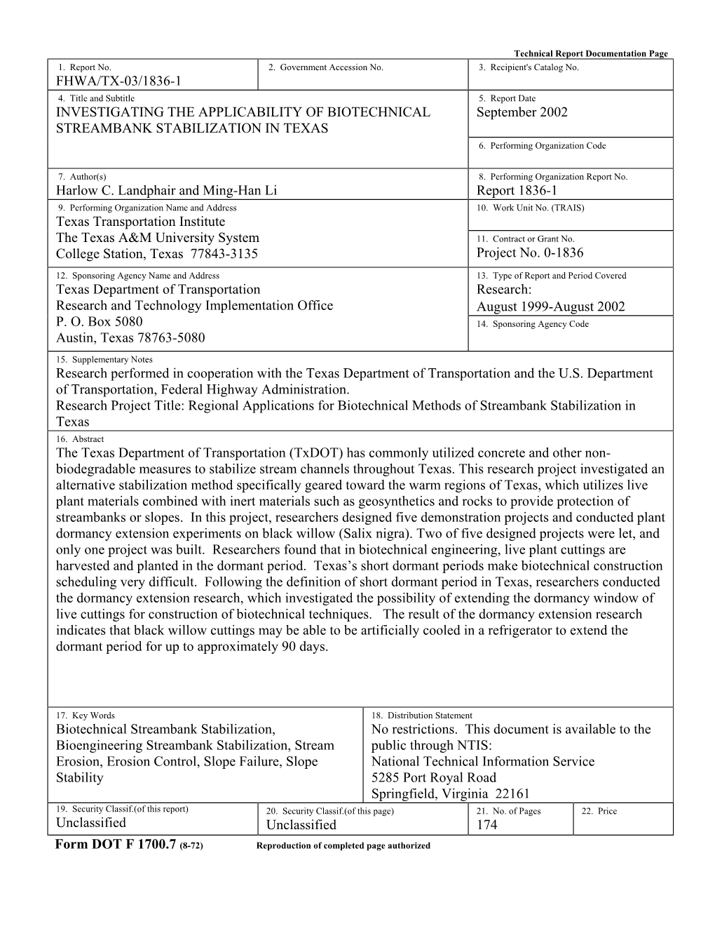 Investigating the Applicability of Biotechnical Streambank Stabilization in Texas