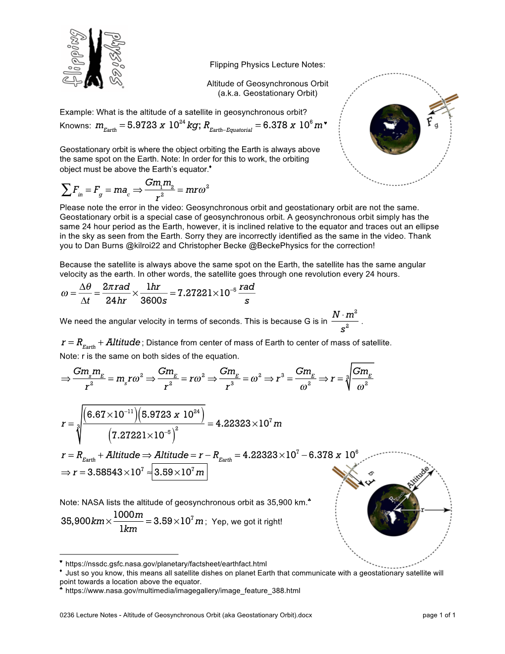 0236 Lecture Notes - Altitude of Geosynchronous Orbit (Aka Geostationary Orbit).Docx Page 1 of 1