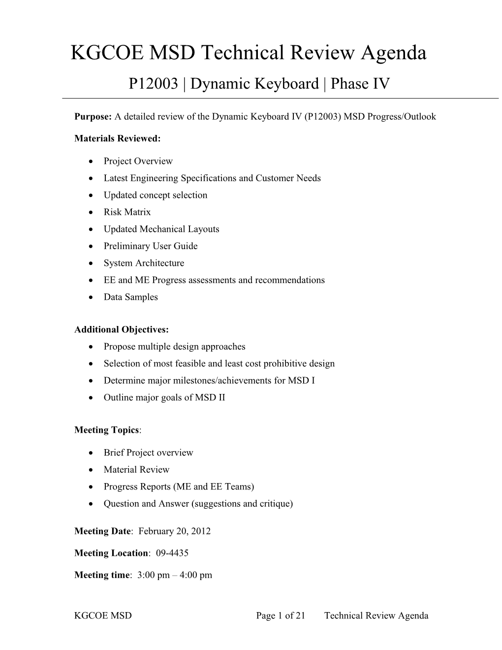 KGCOE MSD Technical Review Agenda