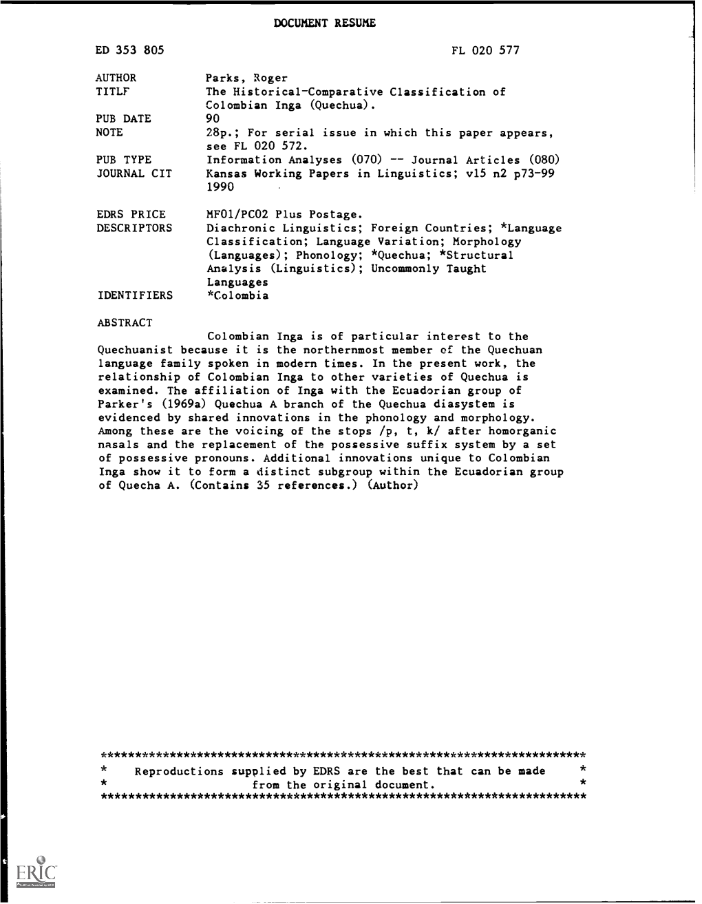 Language Variation; Morphology ABSTRACT Quechuanist Because It