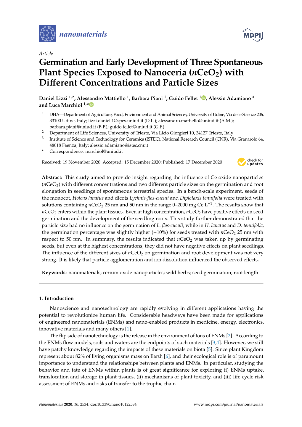 Germination and Early Development of Three Spontaneous Plant Species Exposed to Nanoceria (Nceo2) with Diﬀerent Concentrations and Particle Sizes