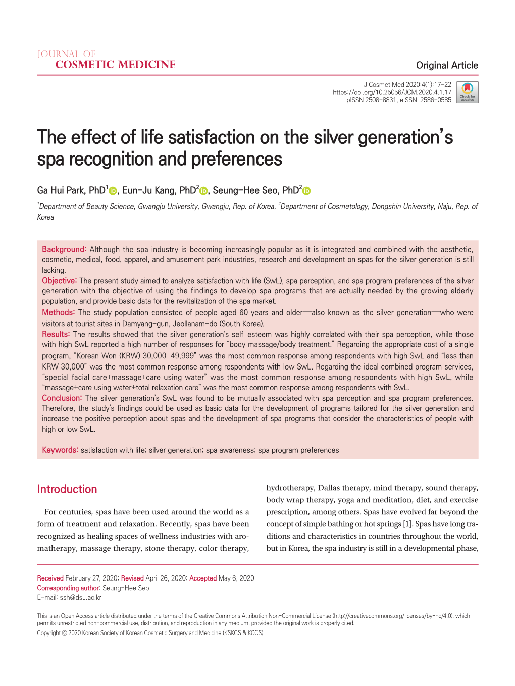 The Effect of Life Satisfaction on the Silver Generation's Spa Recognition