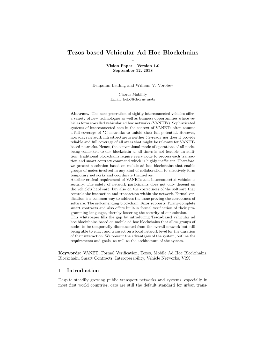 Tezos-Based Vehicular Ad Hoc Blockchains - Vision Paper - Version 1.0 September 12, 2018