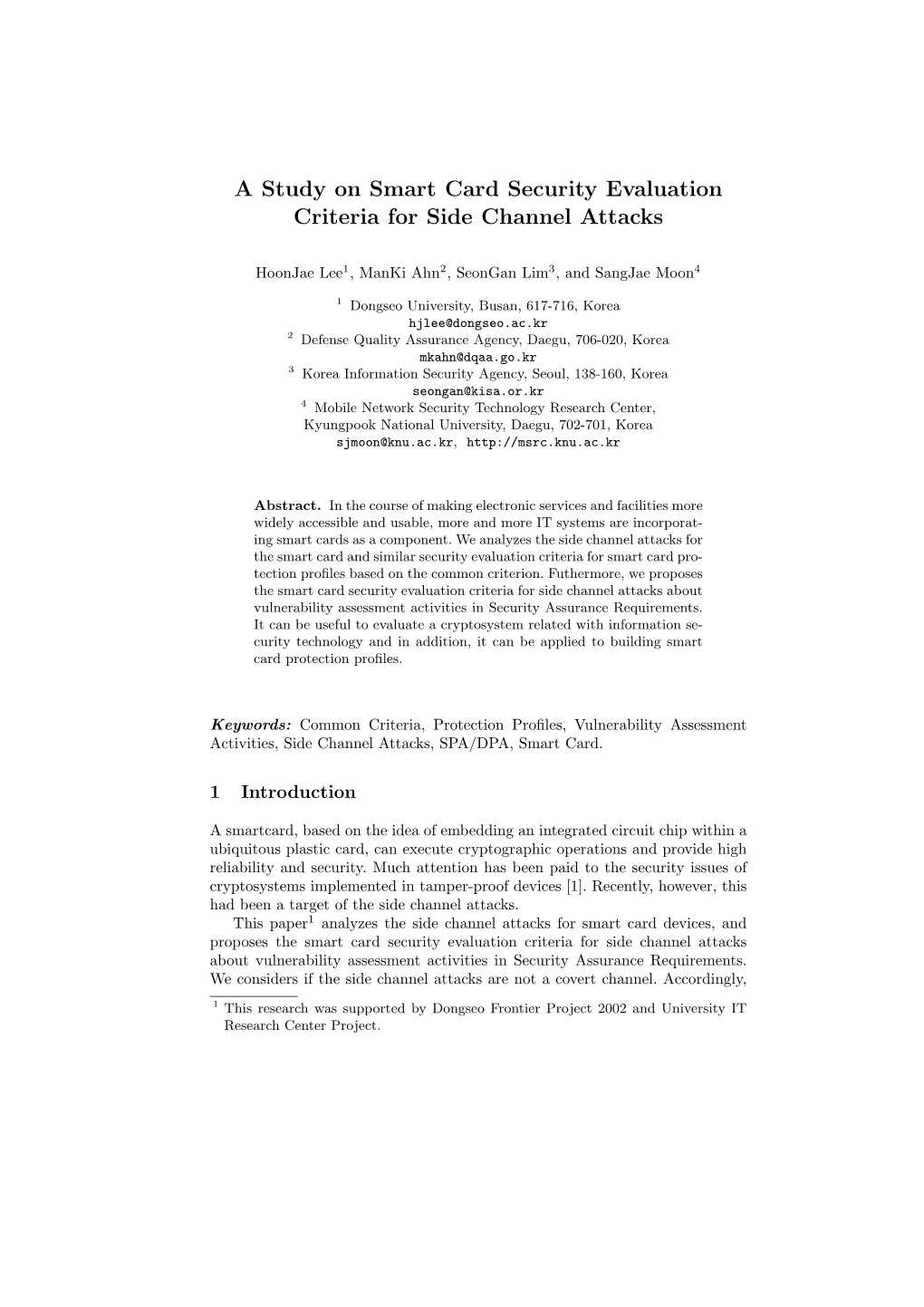 A Study on Smart Card Security Evaluation Criteria for Side Channel Attacks