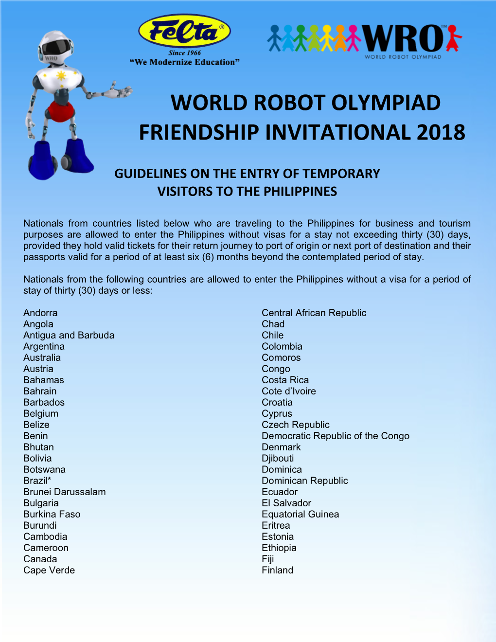 World Robot Olympiad Friendship Invitational 2018