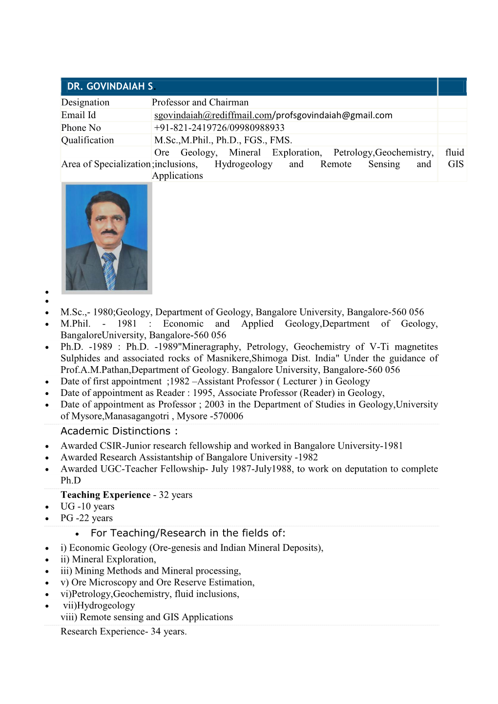 DR. GOVINDAIAH S. Designation Professor and Chairman Email Id