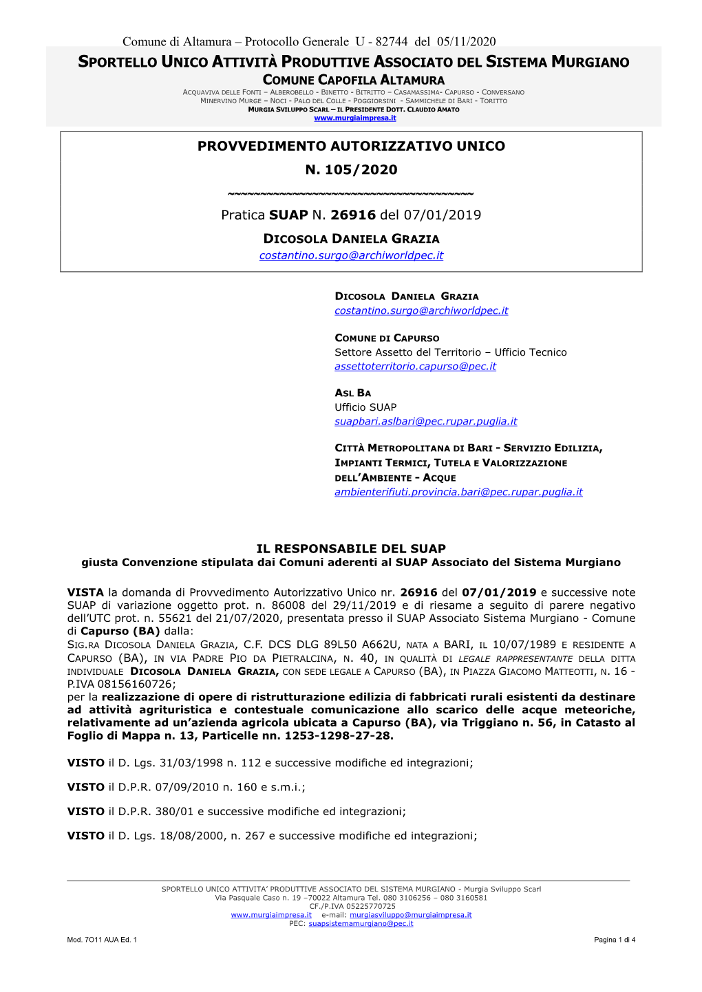 Comune Di Altamura – Protocollo Generale U - 82744 Del 05/11/2020
