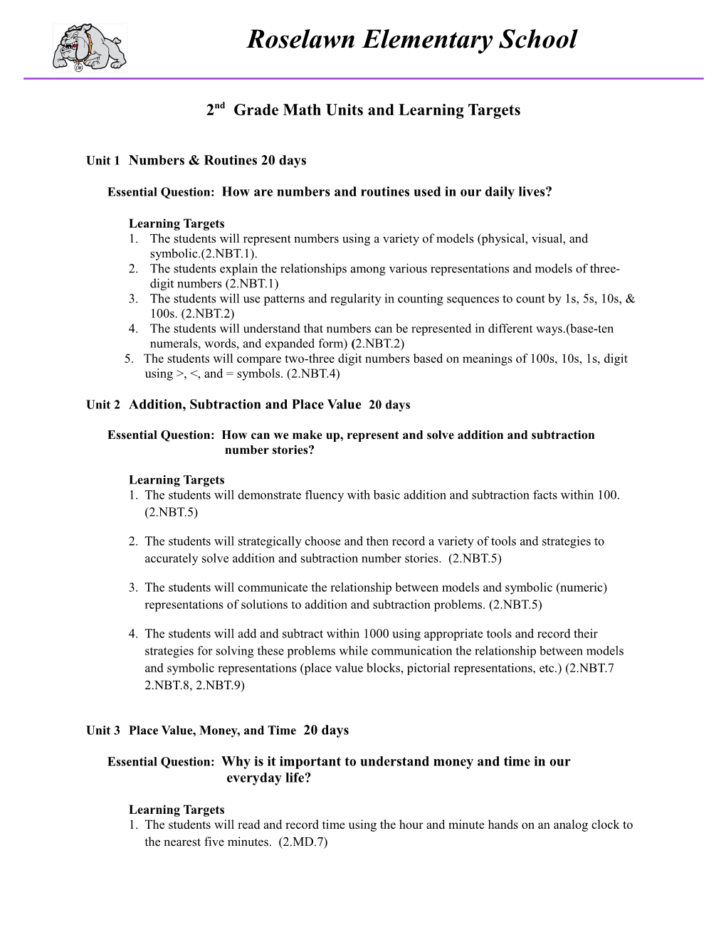 2Nd Grade Math Units and Learning Targets