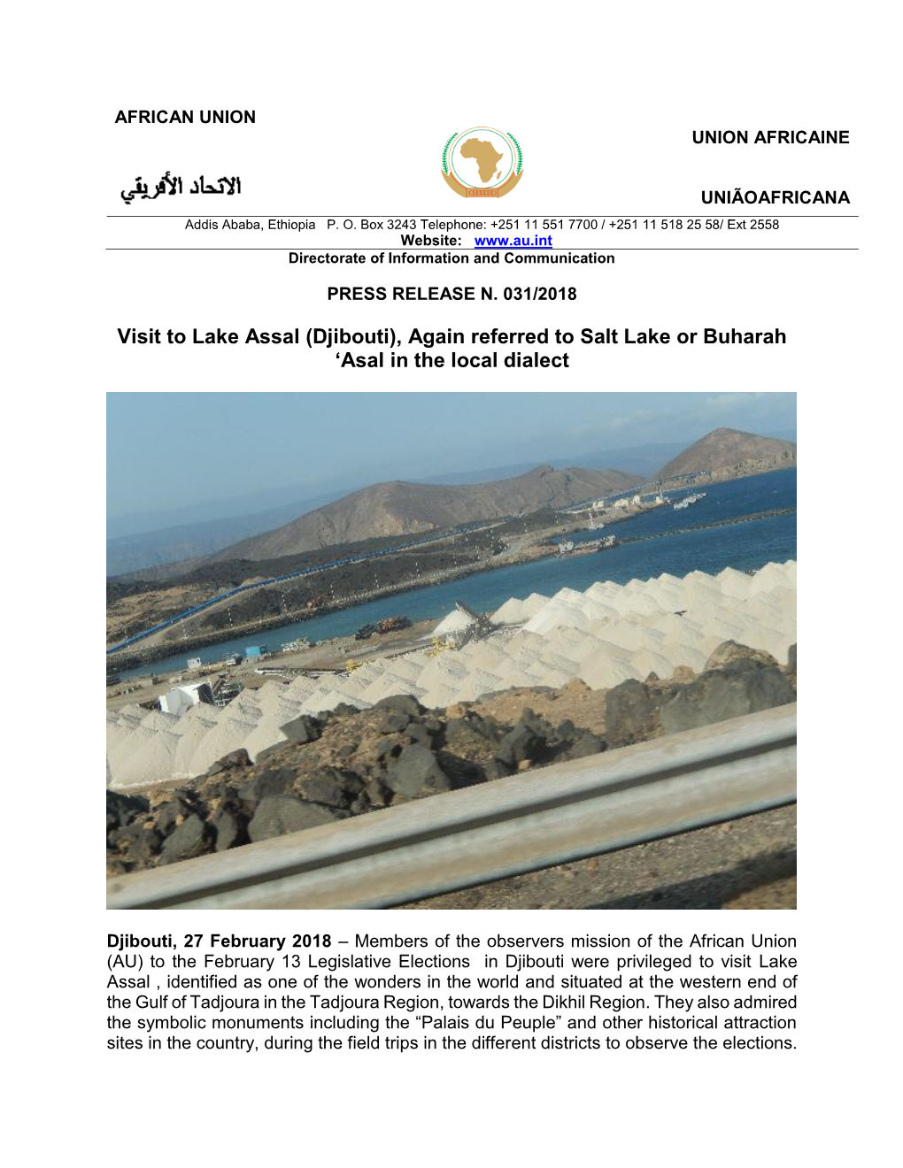 Visit to Lake Assal (Djibouti), Again Referred to Salt Lake Or Buharah ‘Asal in the Local Dialect