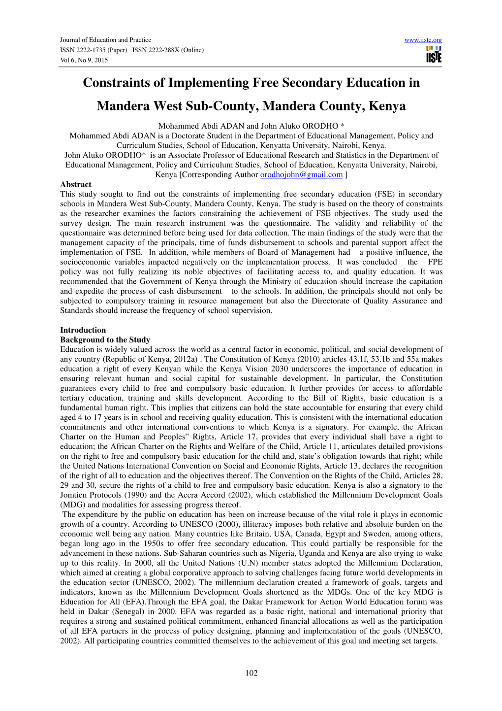 Constraints of Implementing Free Secondary Education in Mandera West Sub-County, Mandera County, Kenya