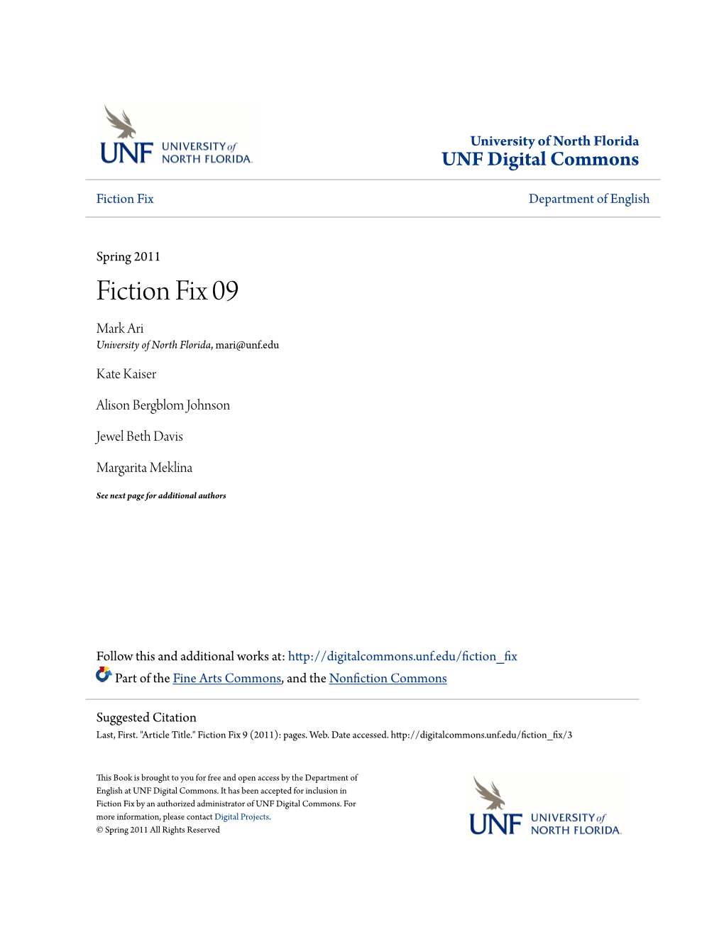 Fiction Fix 09 Mark Ari University of North Florida, Mari@Unf.Edu