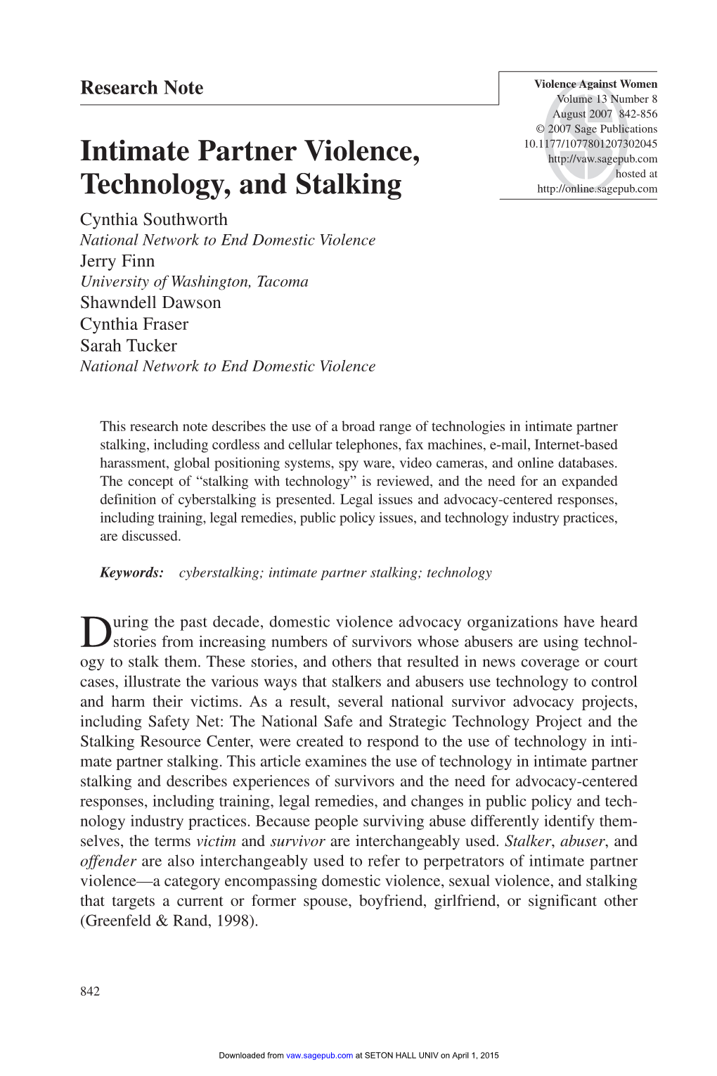 Intimate Partner Violence, Technology, and Stalking