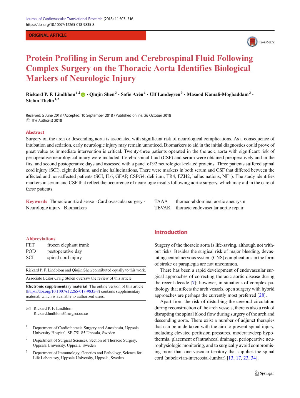 Protein Profiling in Serum and Cerebrospinal Fluid Following Complex Surgery on the Thoracic Aorta Identifies Biological Markers of Neurologic Injury