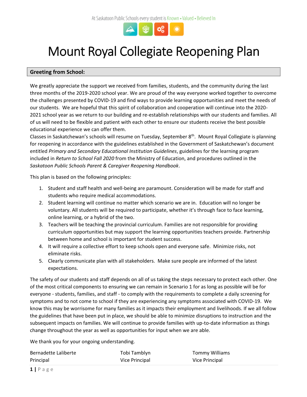 Mount Royal Collegiate Reopening Plan