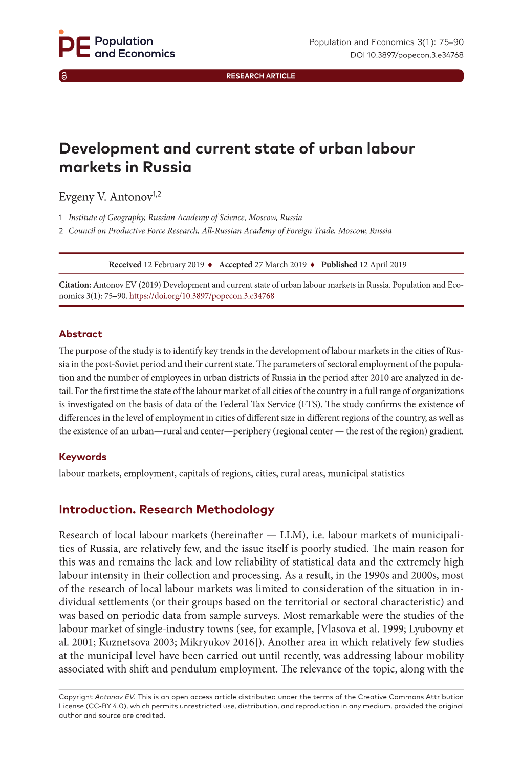 Development and Current State of Urban Labour Markets in Russia