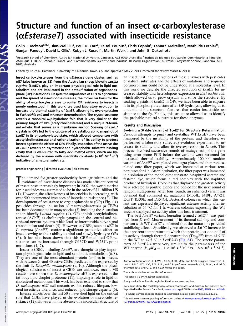 Structure and Function of an Insect Α-Carboxylesterase (Αesterase7) Associated with Insecticide Resistance