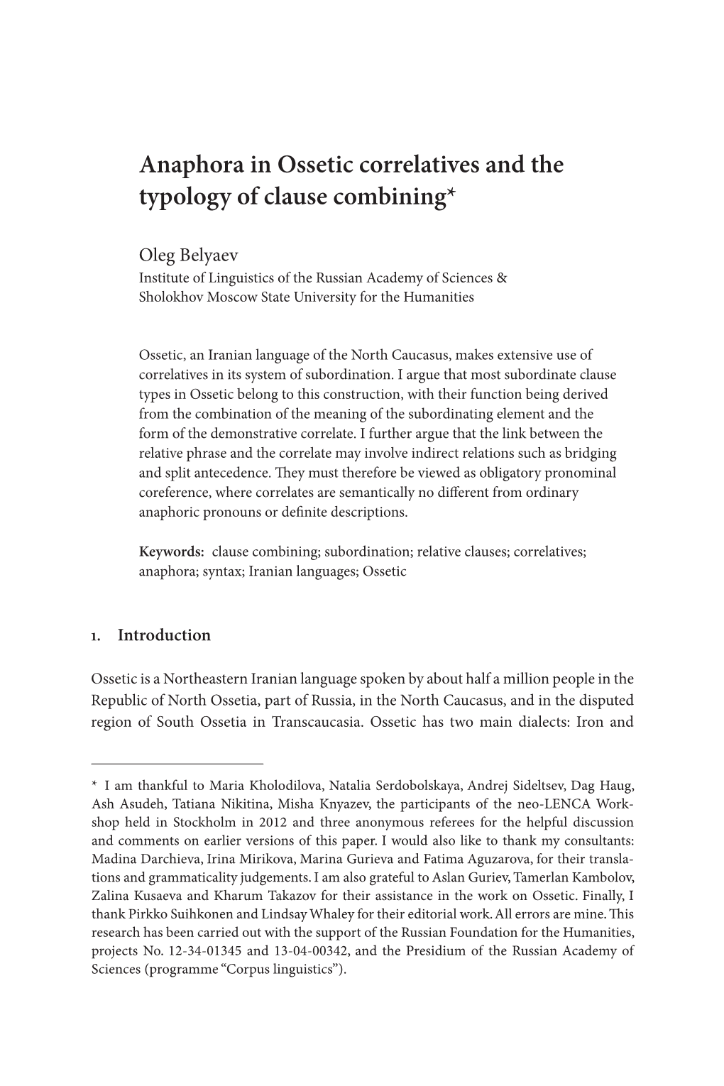 Anaphora in Ossetic Correlatives and the Typology of Clause Combining*