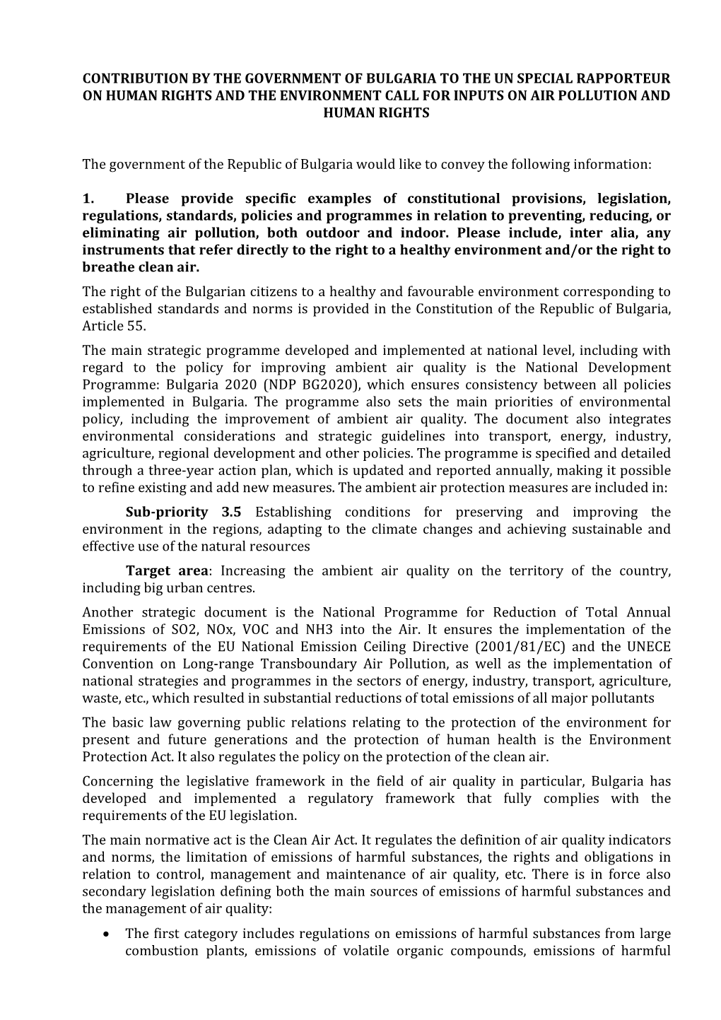 Contribution by the Government of Bulgaria to the Un Special Rapporteur on Human Rights and the Environment Call for Inputs on Air Pollution and Human Rights