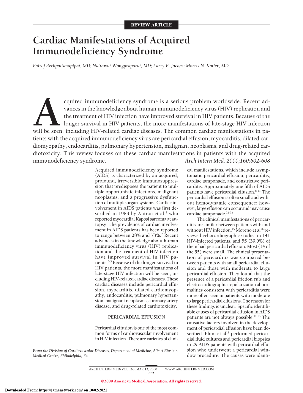 Cardiac Manifestations of Acquired Immunodeficiency Syndrome