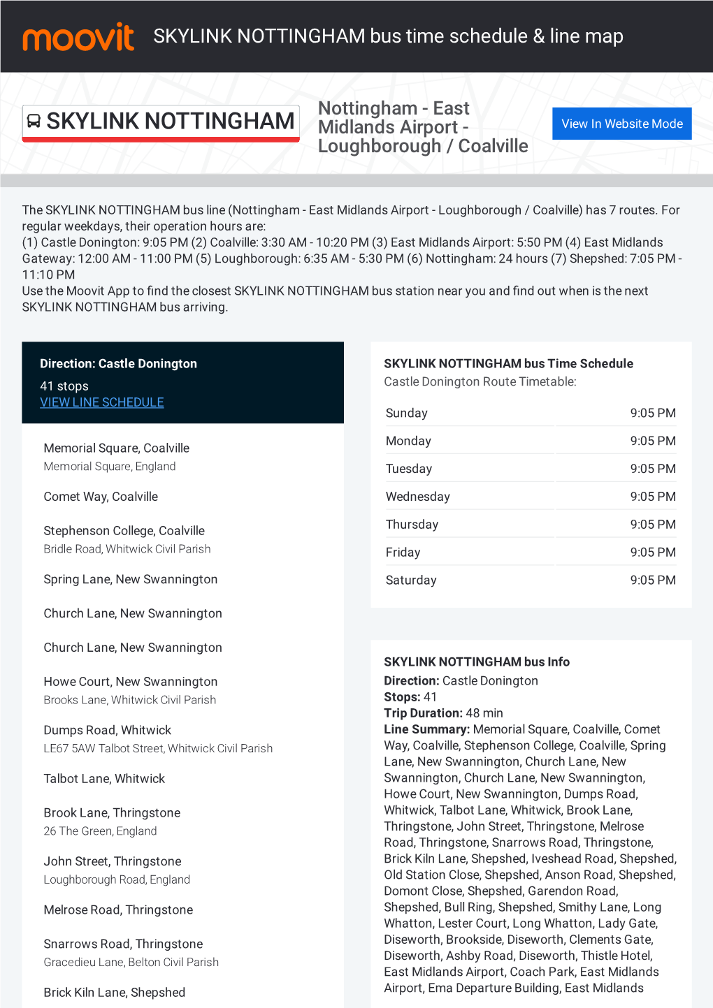 SKYLINK NOTTINGHAM Bus Time Schedule & Line Route