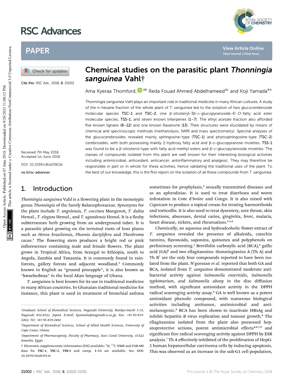 Chemical Studies on the Parasitic Plant Thonningia Sanguinea Vahl