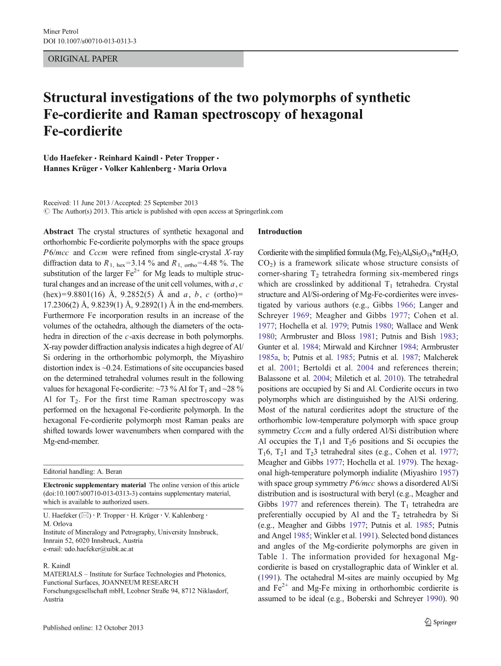 Structural Investigations of the Two Polymorphs of Synthetic Fe-Cordierite and Raman Spectroscopy of Hexagonal Fe-Cordierite