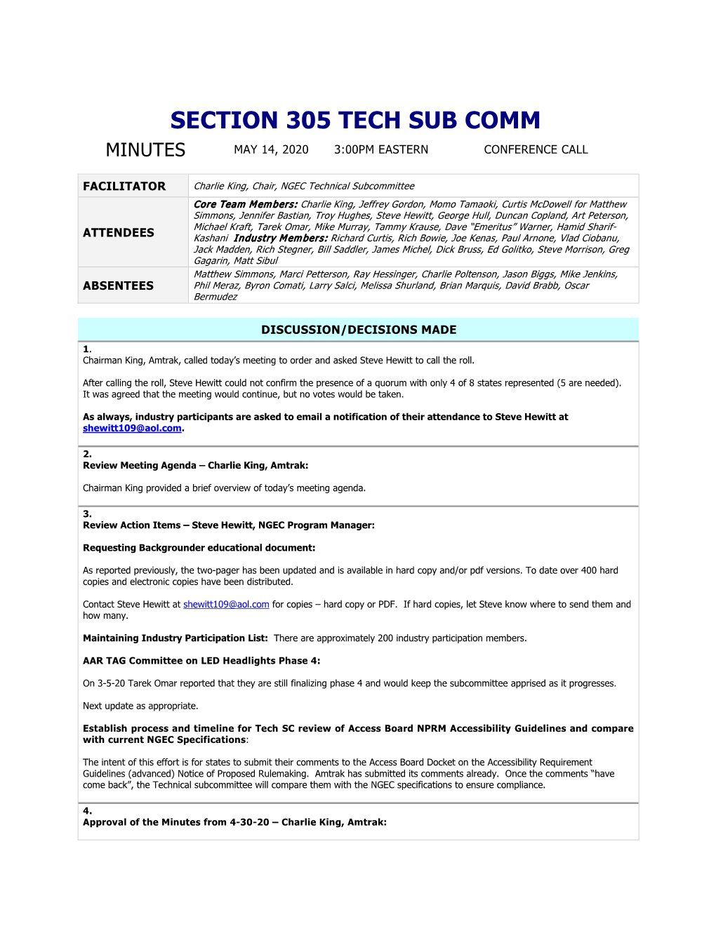 Section 305 Tech Sub Comm Minutes May 14, 2020 3:00Pm Eastern Conference Call