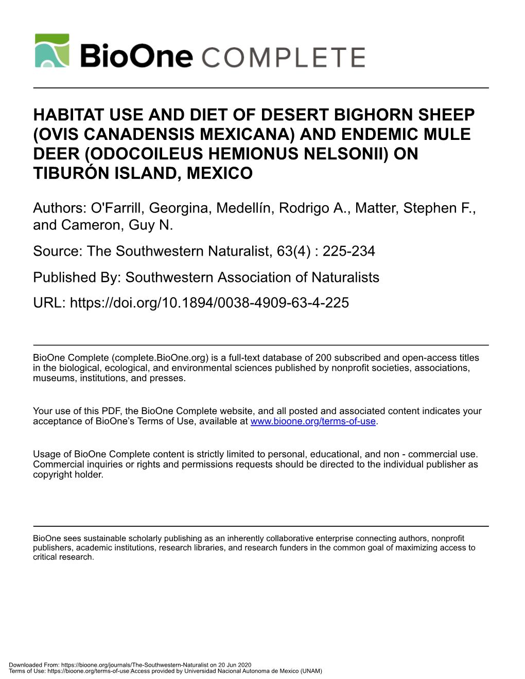 Habitat Use and Diet of Desert Bighorn Sheep (Ovis Canadensis Mexicana) and Endemic Mule Deer (Odocoileus Hemionus Nelsonii) on Tiburón Island, Mexico